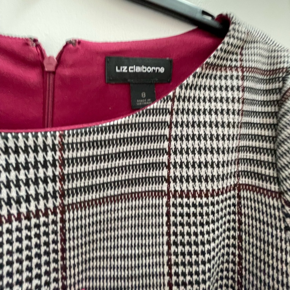 Liz Claiborne size 8 dress- raspberry black plaid with 3/4 flutter sleeves.